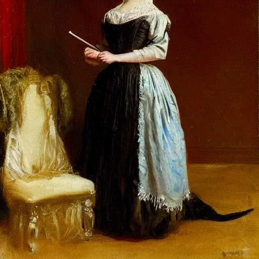 Prompt: young victorian lady in ball gown, absent - minded chewing on the end of a pencil, painted by alfred stevens