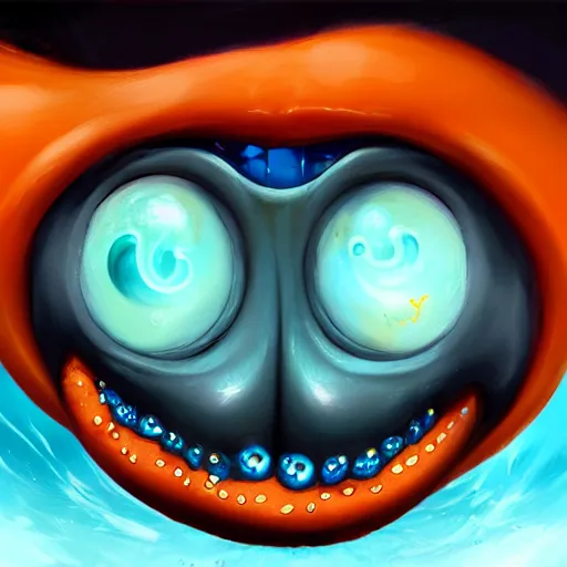 Image similar to a close up of an orange and black octopus, an airbrush painting by cyril rolando, featured on zbrush central, fantasy art, lovecraftian, zbrush, rendered in maya