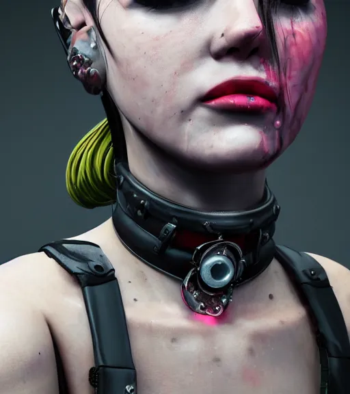 Image similar to detailed realistic female character cyberpunk wearing thick steel collar around neck, realistic, art, beautiful, 4K, collar, choker, collar around neck, punk, artstation, detailed, female, woman, choker, cyberpunk, neon, punk, collar, choker, collar around neck, thick collar, tight around neck, punk,