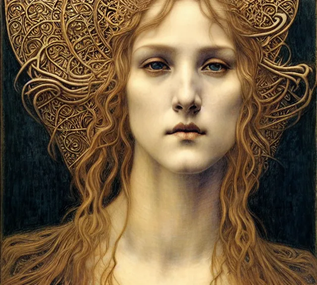 Image similar to detailed realistic beautiful young medieval queen face portrait by jean delville, gustave dore and marco mazzoni, art nouveau, symbolist, visionary, gothic, pre - raphaelite. horizontal symmetry