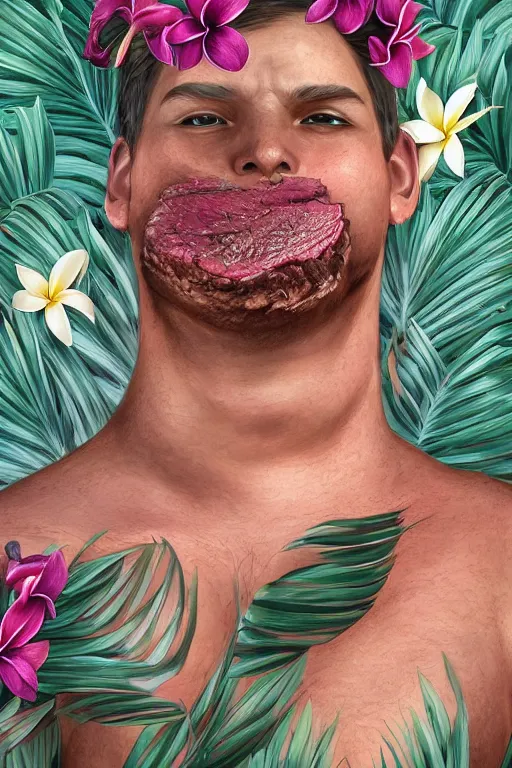 Image similar to ultra realistic illustration, portrait of fatty prime rib, plumeria tropical bouquet background, close up shot, fantasy, intricate, elegant, highly detailed, digital painting, artstation, concept art, smooth, sharp focus, illustration, surrealism