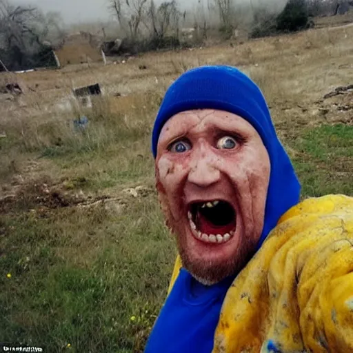 Prompt: last selfie of last alive of frightened funny damaged to bones ukrainian in dirty yellow and blue rags that trying to escape from a huge nuclear explosion at background