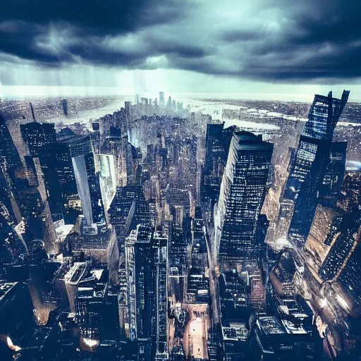 Prompt: “ looking down at a futuristic new york city below, ghostpunk, blade runner, storm clouds, rain, very detailed, realistic, 4 k ”