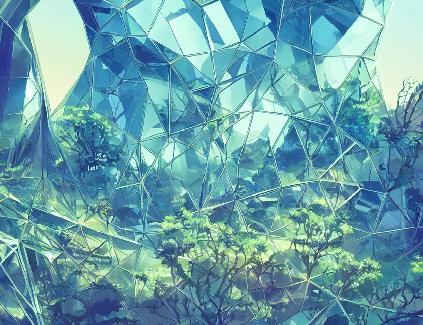 Prompt: beautiful futuristic crystal architecture with organic shapes, plants growing on it. gouache, limited palette with complementary colors, by award - winning mangaka, backlighting, bold composition, depth of field.