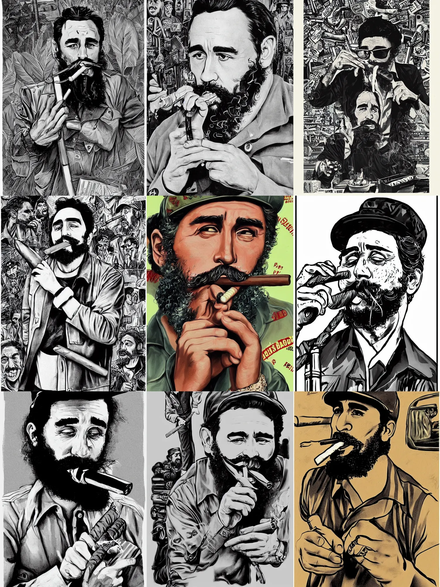 Prompt: a paparazzi photo of James Franco as Fidel Castro smoking a large cigar. lowbrow aesthetic, pop surrealism aesthetic, contemporary art illustration aesthetic, intricate 8K detail,in the style of Big Daddy Roth artwork, mad magazine illustration aesthetic