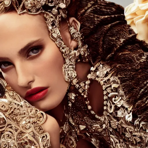 Prompt: close up of face of fashion model with luxury dress, official dolce and gabbana editorial, highly detailed