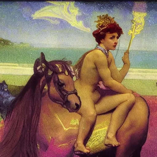 Prompt: Demon girl riding the horse at the palace, refracted sparkles, thunderstorm, greek pool, beach and Tropical vegetation on the background major arcana sky, by paul delaroche, alphonse mucha and arnold böcklin, hyperrealistic 8k, award-winning, very very very detailed