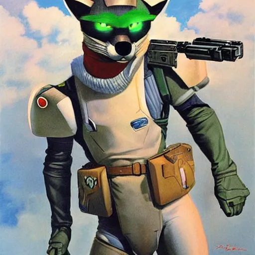 Image similar to a portrait of fox mccloud holding a blaster, suspenseful, heroic, anthropomorphic furry art, star fox, by jim burns, vincent di fate, and peter elson