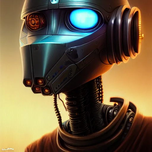 Image similar to low angle portrait shot of a cyberpunk gazmask robot character, intricate, elegant, highly detailed, centered, digital painting, artstation, concept art, smooth, sharp focus, illustration, artgerm, Tomasz Alen Kopera, Peter Mohrbacher, donato giancola, Joseph Christian Leyendecker, WLOP, Boris Vallejo