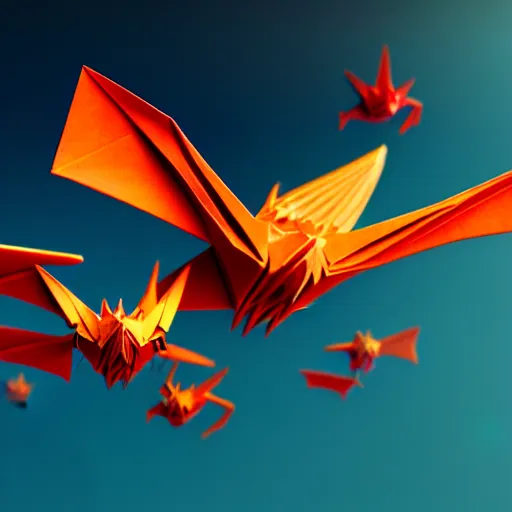 Prompt: a series of origami dragons flying together, octane render, 3D, 4K