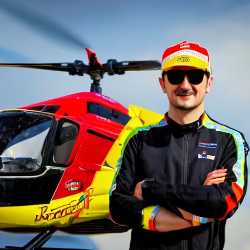 Image similar to Robert Kubica in a colorful helicopter hat with a little rotor on top