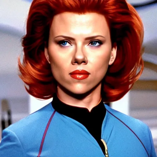 Prompt: A still photograph of Scarlett Johansson as Captain Janeway in Star Trek Voyager