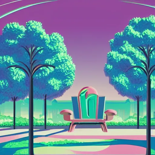 Image similar to art deco vaporwave illustration of a park with trees and benches, in a futuristic pastel city