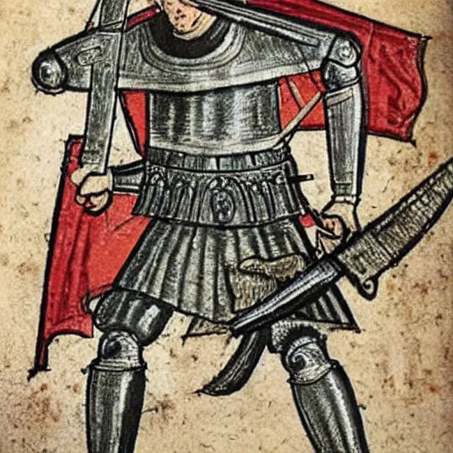 Image similar to medieval drawing of a Knight in battle with AK-47