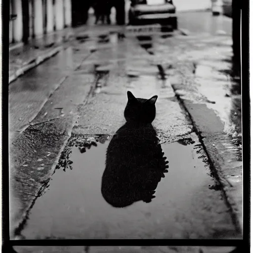 Image similar to wide-shot very low-angle eyesight reflection of a cat in the puddle at the street in Moscow, polaroid photo, by Andy Warhol, signed