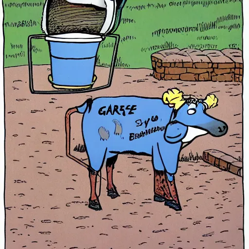 Prompt: far side comic strip, gary larson, a cow points at a bucket, illustration