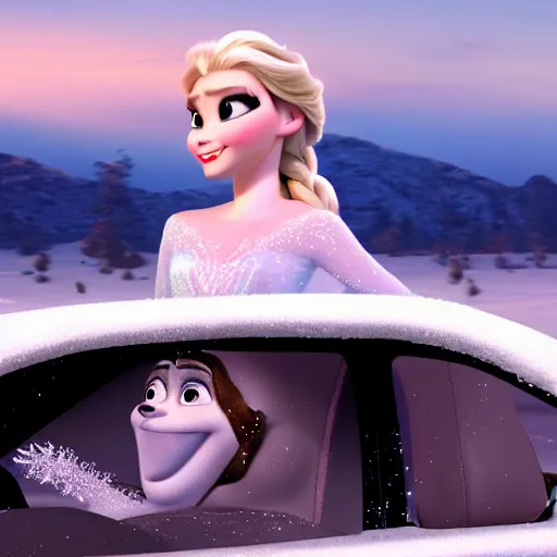 Prompt: elsa is driving a car in frozen