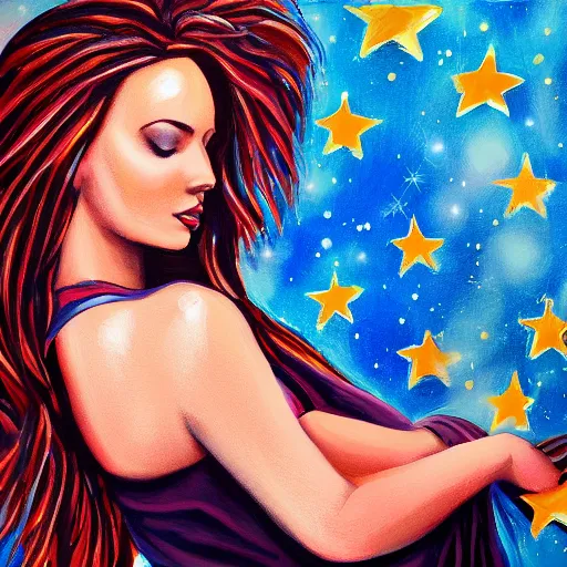 Prompt: painting a perfect women in the bluesy with stars, high resolution