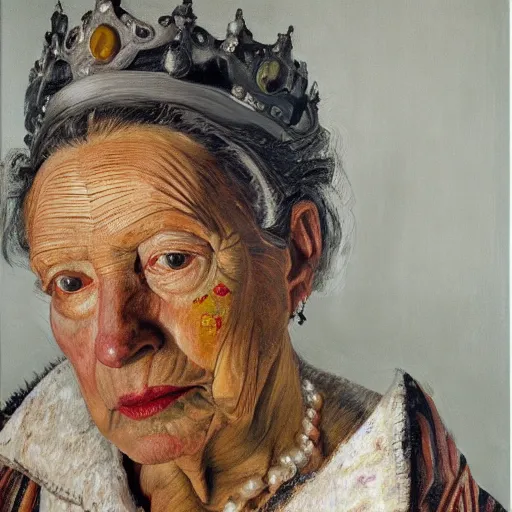 Image similar to high quality high detail painting by lucian freud, hd, exaggerated portrait of colonial queen, photorealistic lighting