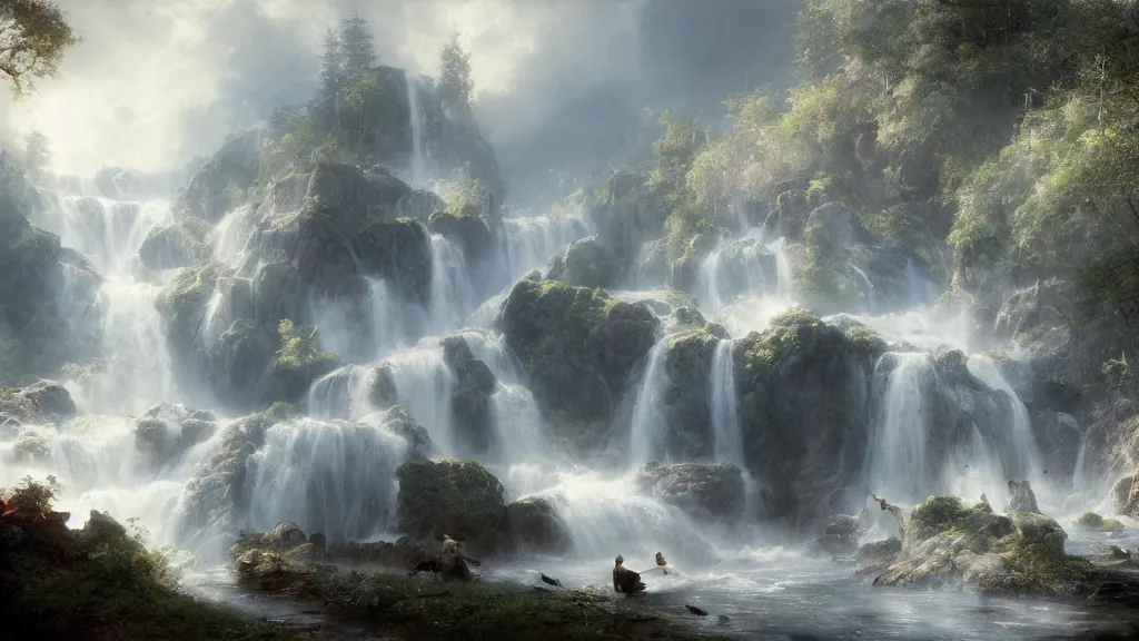 Image similar to [ searching for tom bombadil ] andreas achenbach, artgerm, mikko lagerstedt, zack snyder, tokujin yoshioka