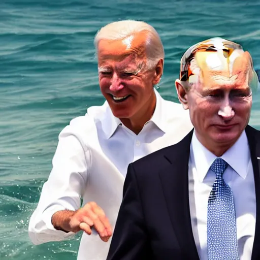 Image similar to biden and putin dancing on the ocean, close up, high quality photograph