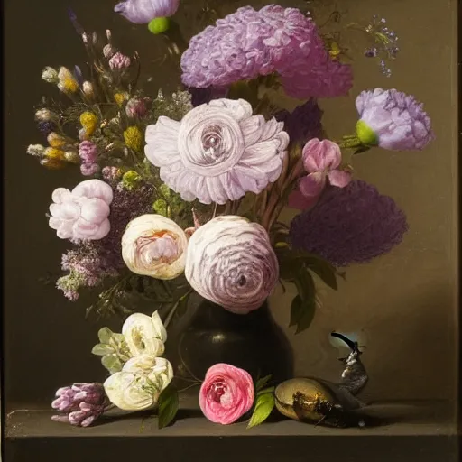 Image similar to still - life of bouquet of lilac and ranunculus with honeycomb bees and birds feathers, rachel ruysch, dark, moody