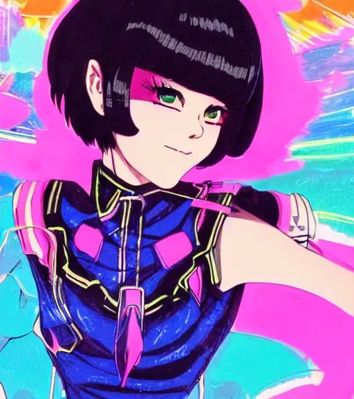 Prompt: beautiful portrait of a black bobcut hair style magical girl in a blend of 8 0 s anime - style art, vibrant composition and color, filtered through a cybernetic lens, by hiroyuki mitsume - takahashi and noriyoshi ohrai and studio ghibli, pastel colors, hand - drawn animation, cel shading, contour hatching, highly detailed, bokeh