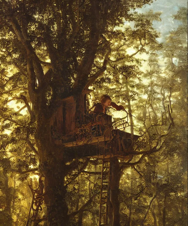 Image similar to masterful oil on canvas painting, eye - level view, shot from 5 0 feet distance, of a kid playing in a treehouse. in the background is a whimsical sparse forest. by ambrosius benson and gerald brom. golden hour, detailed, depth, volume, chiaroscuro, quiet intensity, vivid color palette.