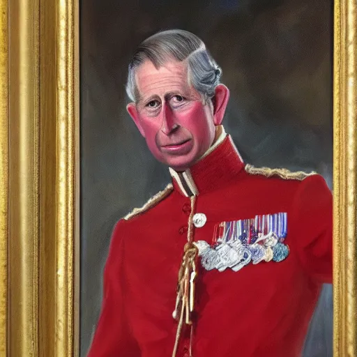 Image similar to an oil painting of prince charles with sausage fingers