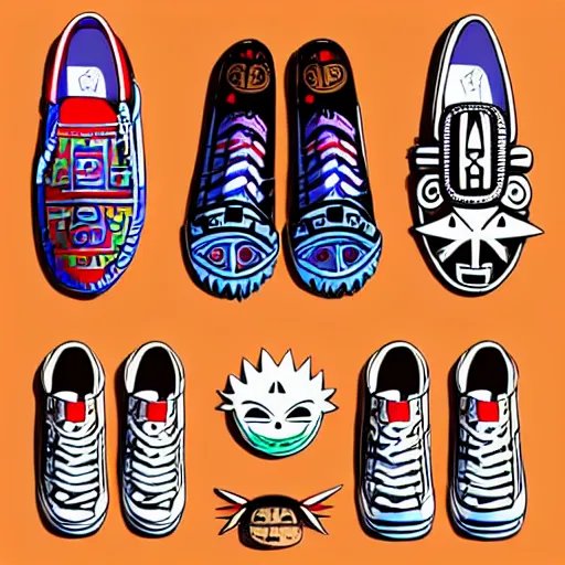 Image similar to sneaker design designed by studio ghibli, aztec mayan street fashion native punk sneaker design, majora's mask, wearing wooden mask, hip hop sneaker design with subtle mayan patterns, gapmoe yandere grimdark, trending on pixiv fanbox, painted by greg rutkowski makoto shinkai takashi takeuchi studio ghibli, akihiko yoshida