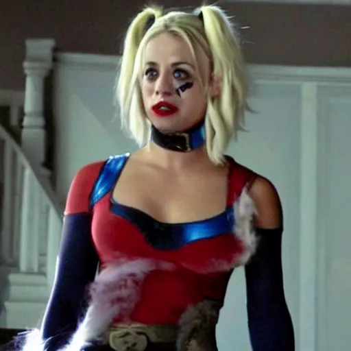 Image similar to A still of Kaley Cuoco as Harley Quinn, full-figure