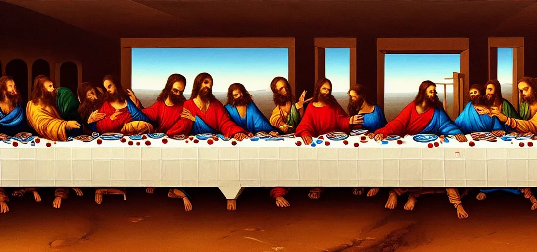 Image similar to a surreal painting of the last supper on the surface of mars