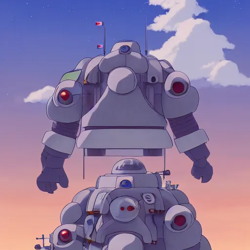 Image similar to a beautiful movie still in the style of Studio Ghibli anime showing a 3/4 aerial view of a team of adorable humanoid tank mechs with tank treads. Studio Ghibli, aerial photography, wide angle lens, trending on artstation, trending on behance