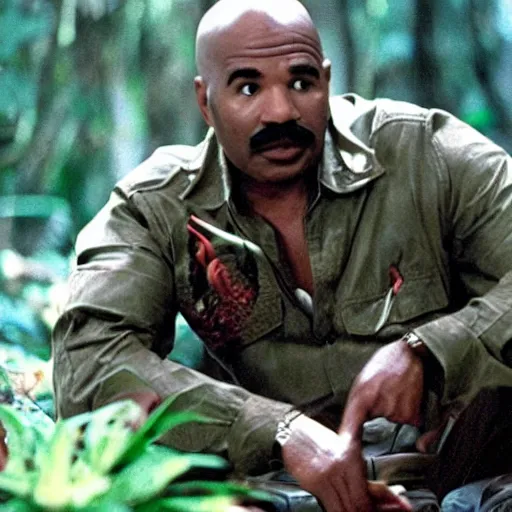 Prompt: a screen still of steve harvey in the movie predator