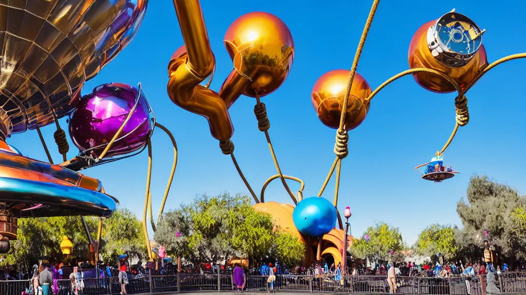 Prompt: large colorful futuristic space age metallic steampunk balloons with pipework and electrical wiring around the outside, and people on rope swings underneath, flying high over the beautiful disneyland in california city landscape, professional photography, 8 0 mm telephoto lens, realistic, detailed, photorealistic, photojournalism