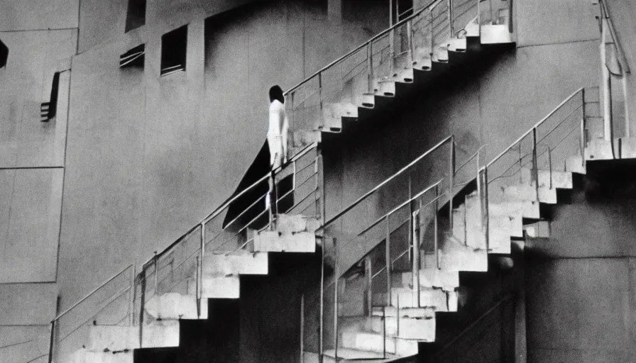 Image similar to 60s movie still of a white japanese female phantom running in infinite stairs, eastmancolor, heavy grain, high quality, higly detailed, liminal space