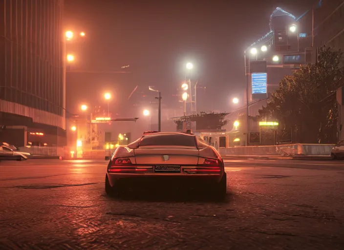 Image similar to gta in moscow, playstation 5 screenshot, mega details, dark night, orange lights, heavy rain, fog, beautiful rtx reflections, brutalism buildings, photorealistic, unreal engine 5, octane render, volumetric light, cg society, 4 k, bokeh, lada car, artstation gediminas pranckevicius