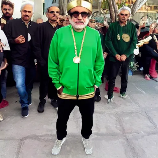 Image similar to jafar panahi wearing a green tracksuit and gold necklace with large star shaped gold medallion