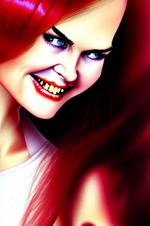 Image similar to mix of beautiful young maria shriver, mariel hemmingway, brooke shields, nicole kidman and elle macpherson as a vampire showing vampire teeth, ready to bite, thin lips, hair tied up in a pony tail, dark blonde hair, colorful, deviantart, artstation, cgsociety