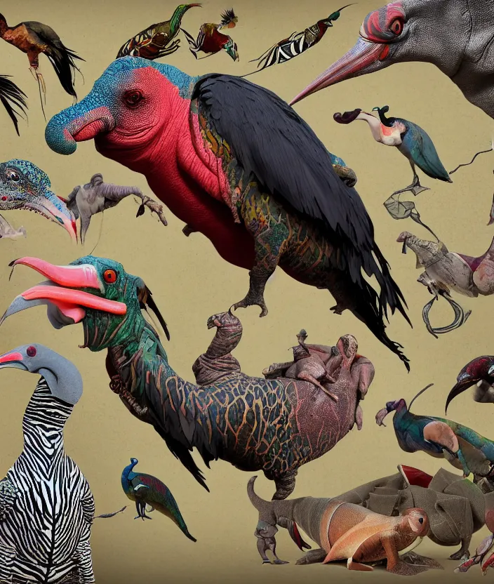 Prompt: a high resolution photo of a complex merged obese creature in a restaurant, musclular horse arms map creature made of fishlike class aves skin veins merged rhino, bump map strangled by plastic wrap bower bird creature wrinkles pheasant, ivy complex feathers exotic morphing hoopoe, zebra morphing wings king vulture head