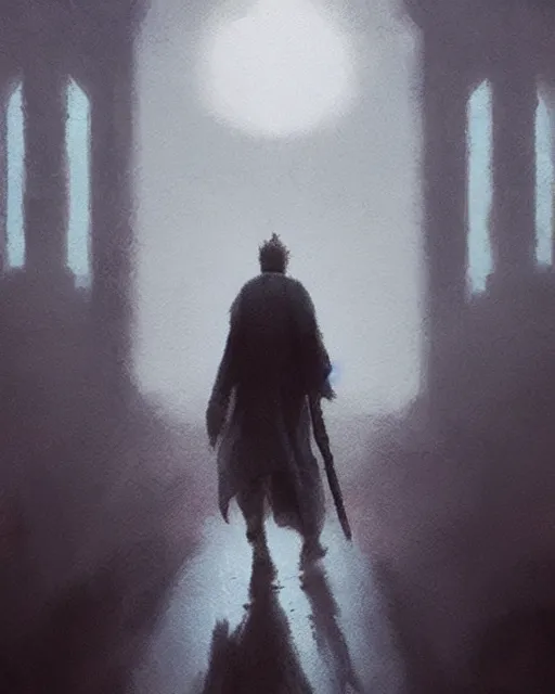 Image similar to “Medium shot of a character walking through Heaven’s Gate in the style of Greg Rutkowski”