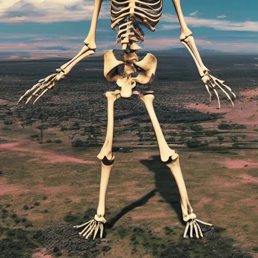 Prompt: a high resolution realistic photo of a giant skeleton standing in a small town, the photo was taken from a plane, ultra high detail, realistic.