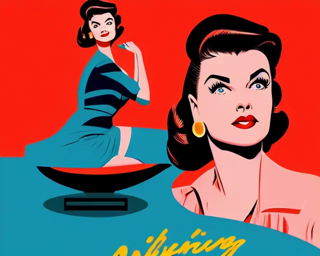 Image similar to advertisement illustration with young sherilyn fenn, diner background, twin peaks, retro futurism, half portrait by stanley artgerm, al parker, jon whitcomb, peter max, dramatic lighting, ilya kuvshinov, trending on artstation, flat colour, geometric curves, gradient filter, pleasing tone colours, 5 0 s style, edward hopper