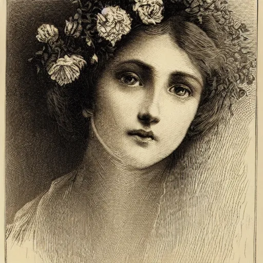 Prompt: extreme close-up, portrait of a beautiful french woman with flower in head, Gustave Dore lithography