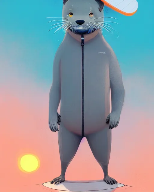 Image similar to a beautiful portrait of a male gray anthropomorphic grey otter fursona wearing a wetsuit. paws. on the beach. surfboard. turquoise hair. orange nose. sunset. character design by cory loftis, fenghua zhong, ryohei hase, ismail inceoglu and ruan jia. volumetric light, artstation