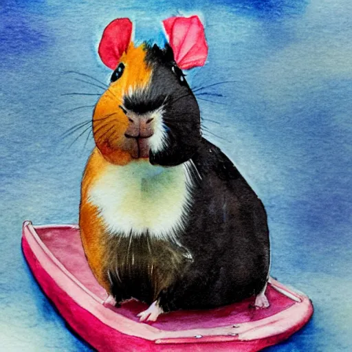 Prompt: a guinea pig posing next to a white kayak, water colour