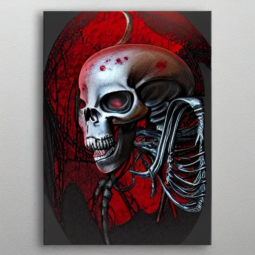 Image similar to alien skull organic metal skeleton anatomy cosmic horror hr giger style heavy brushstrokes dramatix album cover red drippy material