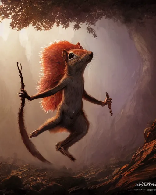 Image similar to Squirrel Shapeshifter Druid Mage, D&D, artstation, fantasy, magic the gathering artwork, cinematic lighting, centered, symmetrical, highly detailed, digital painting, , concept art, smooth, sharp focus, illustration, volumetric lighting, epic Composition, 8k, art by Akihiko Yoshida and Greg Rutkowski and Craig Mullins, oil painting, cgsociety