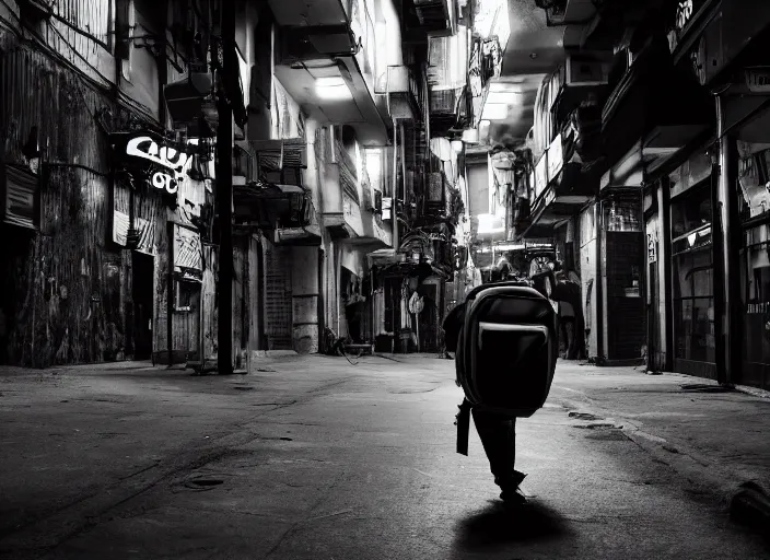 Image similar to photography of a Cat carrying a backpack . in a cyberpunk street. award winning photo, led lighting, night, 24mm, sharp, high res