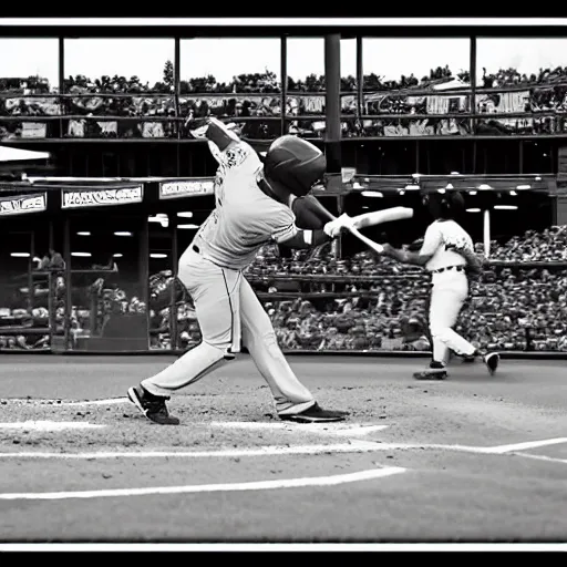 Image similar to home run at a baseball game, huge hit, broken bat, epic shot, baseball photography, black and white